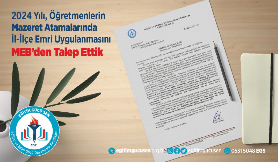 2024 Yılı, Öğretmenlerin Mazeret Atamalarında İl-ilçe Emri Uygulanmasını Milli Eğitim Bakanlığından Talep Ettik