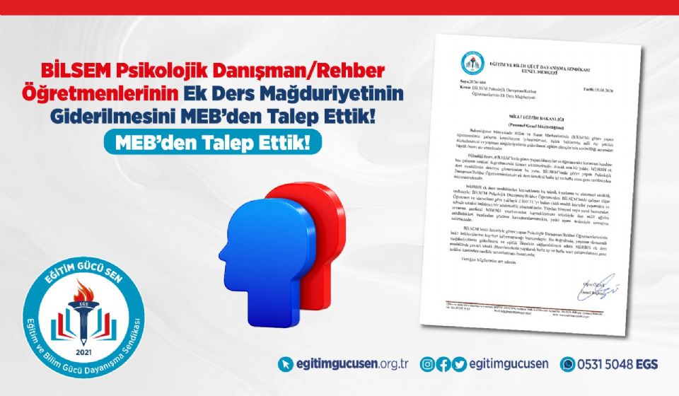 BİLSEM Psikolojik Danışman/Rehber Öğretmenlerinin Ek Ders Mağduriyetinin Giderilmesini MEB’den Talep Ettik!