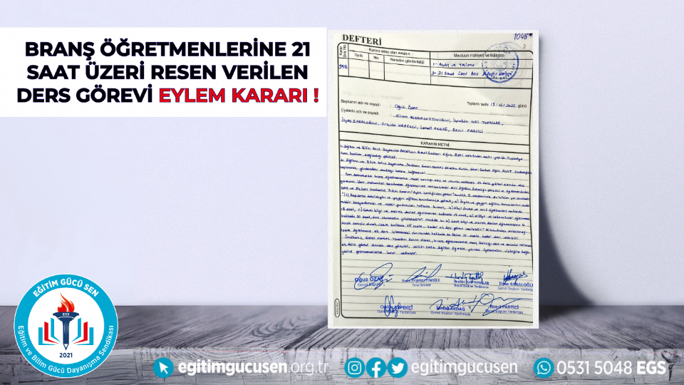 Branş Öğretmenlerine 21 Saat Üzeri Resen Verilen Ders Görevi Eylem Kararı