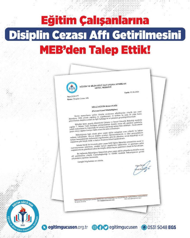 Eğitim Çalışanlarına Disiplin Cezası Affı Getirilmesini Meb’den Talep Ettik!