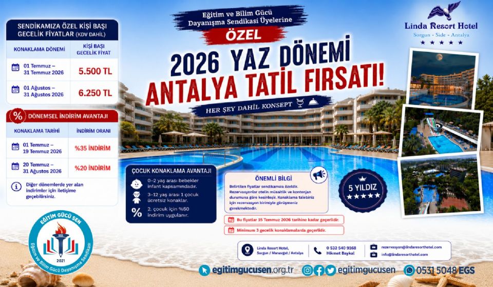 Eğitim Gücü Sen Üyelerine Linda Resort Hotel'de Özel Yaz Tatili Fırsatı !