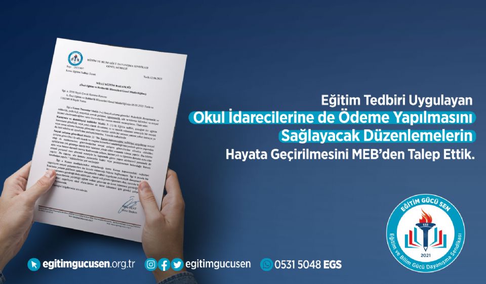 Eğitim Tedbiri Uygulayan Okul İdarecilerine De Ödeme Yapılmasını Sağlayacak Düzenlemelerin Hayata Geçirilmesini Meb’den Talep Ettik. Eğitim Tedbiri Uygulayan Okul İdarecilerine De Ödeme Yapılmasını Sağlayacak Düzenlemelerin Hayata Geçirilmesini Meb’den Talep Ettik.