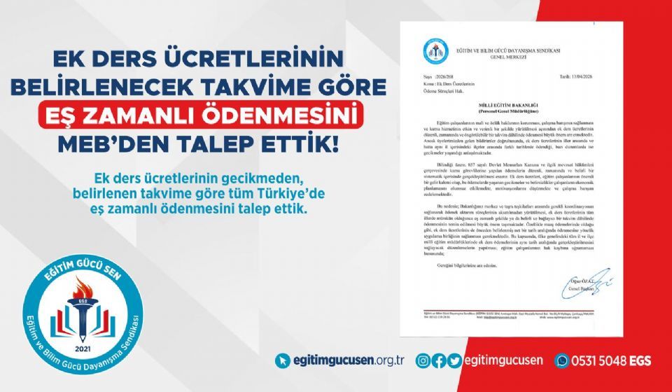 Ek Ders Ücretlerinin Belirlenecek Takvime Göre Eş Zamanlı Ödenmesini Meb’den Talep Ettik!