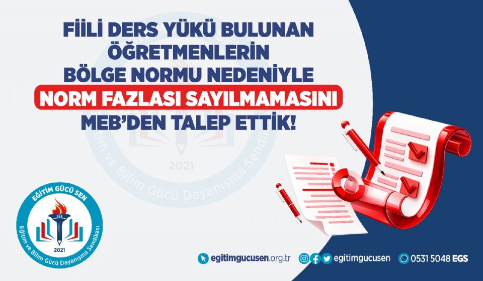 Fiili Ders Yükü Bulunan Öğretmenlerin Bölge Normu Nedeniyle Norm Fazlası Sayılmamasını MEB’den Talep Ettik!