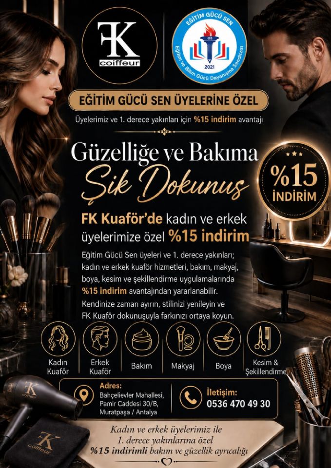 Fk Kuaför’de Kadın Ve Erkek Üyelerimize Ve 1. Derece Yakınlarına Özel %15 İndirim