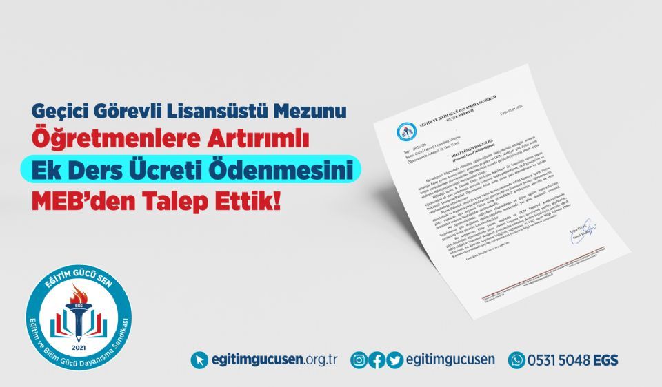Geçici Görevli Lisansüstü Mezunu Öğretmenlere Artırımlı Ek Ders Ücreti Ödenmesini Meb’den Talep Ettik!
