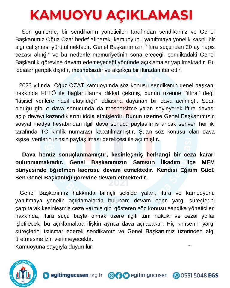 Genel Başkanımız Oğuz Özat Hakkındaki Mesnetsiz İddialara İlişkin Basın Açıklaması Genel Başkanımız Oğuz Özat Hakkındaki Mesnetsiz İddialara İlişkin Basın Açıklaması