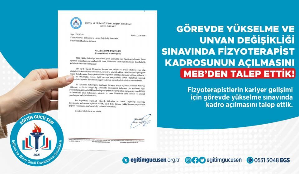 Görevde Yükselme Ve Unvan Değişikliği Sınavında Fizyoterapist Kadrosunun Açılmasını Meb’den Talep Ettik!