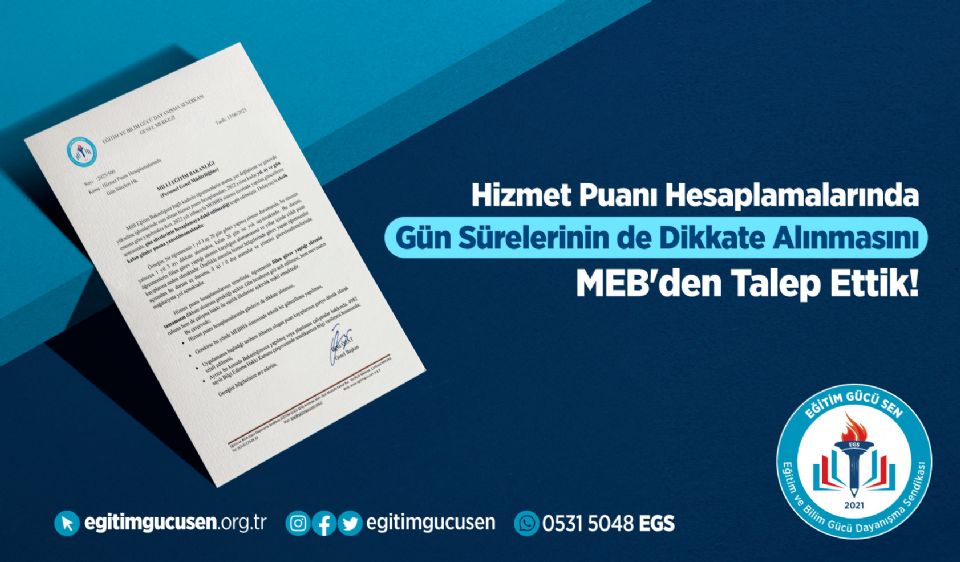Hizmet Puanı Hesaplamalarında Gün Sürelerinin de Dikkate Alınmasını Meb'den Talep Ettik! Hizmet Puanı Hesaplamalarında Gün Sürelerinin de Dikkate Alınmasını Meb'den Talep Ettik!