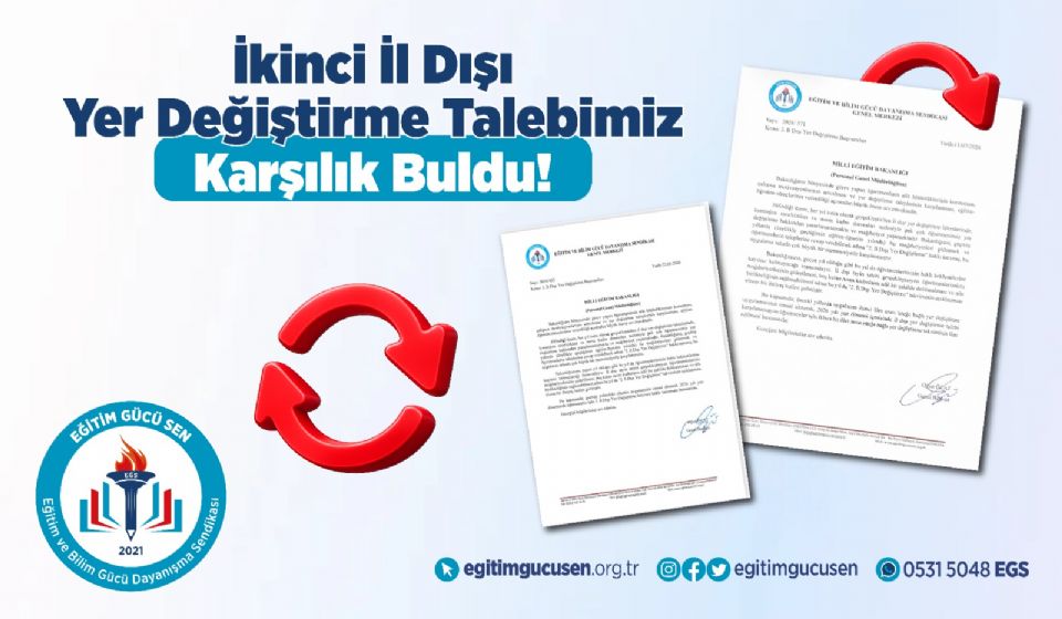İkinci İl Dışı Yer Değiştirme Talebimiz Karşılık Buldu! İkinci İl Dışı Yer Değiştirme Talebimiz Karşılık Buldu!
