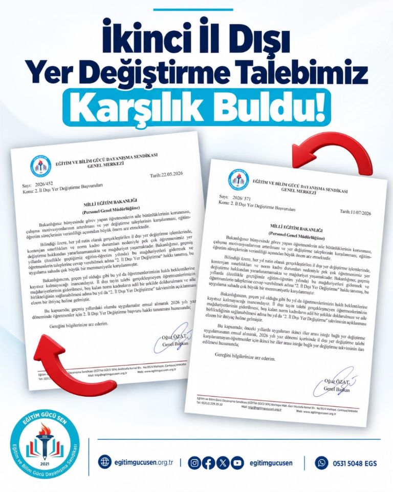 İkinci İl Dışı Yer Değiştirme Talebimiz Karşılık Buldu!