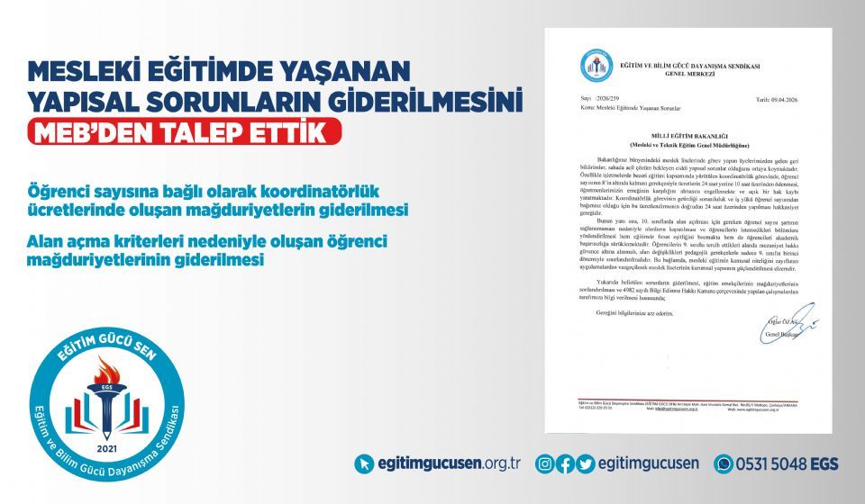 Mesleki Eğitimde Yaşanan Yapısal Sorunların Giderilmesini Meb’den Talep Ettik!
