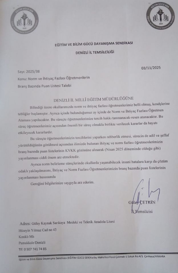 Norm Fazlası Atama Süreci İçin Puan Listesi Talep Ettik