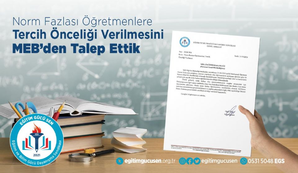 Norm Fazlası Öğretmenlere Tercih Önceliği Verilmesini MEB'den Talep Ettik