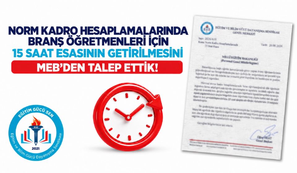 Norm Kadro Hesaplamalarında Branş Öğretmenleri İçin 15 Saat Esasının Getirilmesini MEB’den Talep Ettik!