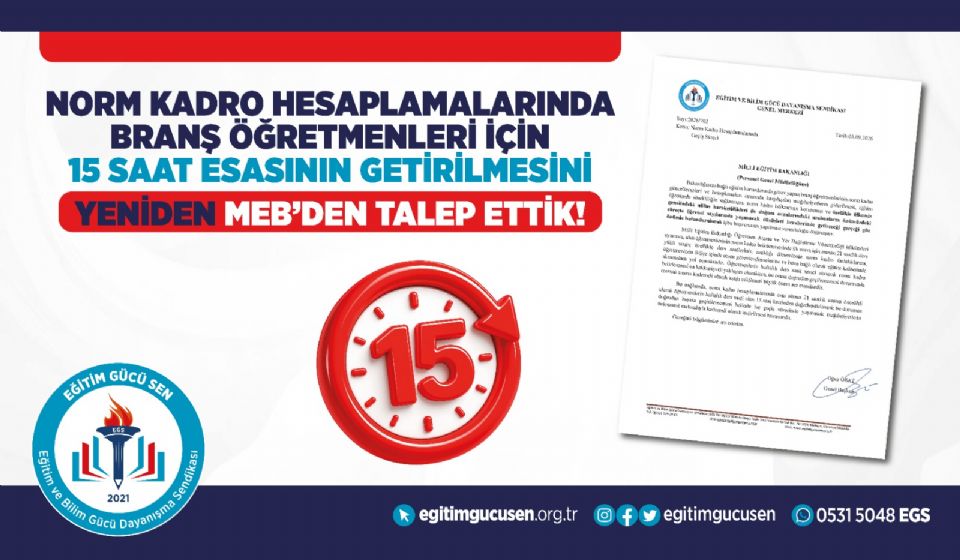 Norm Kadro Hesaplamalarında Branş Öğretmenleri İçin 15 Saat Esasının Getirilmesini MEB’den Yeniden Talep Ettik!