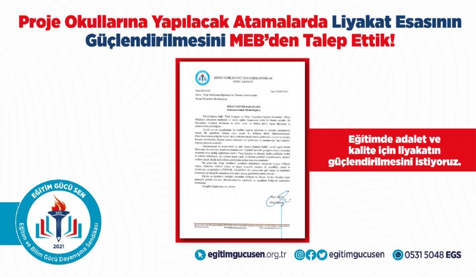 Proje Okullarına Yapılacak Atamalarda Liyakat Esasının Güçlendirilmesini MEB’den Talep Ettik!
