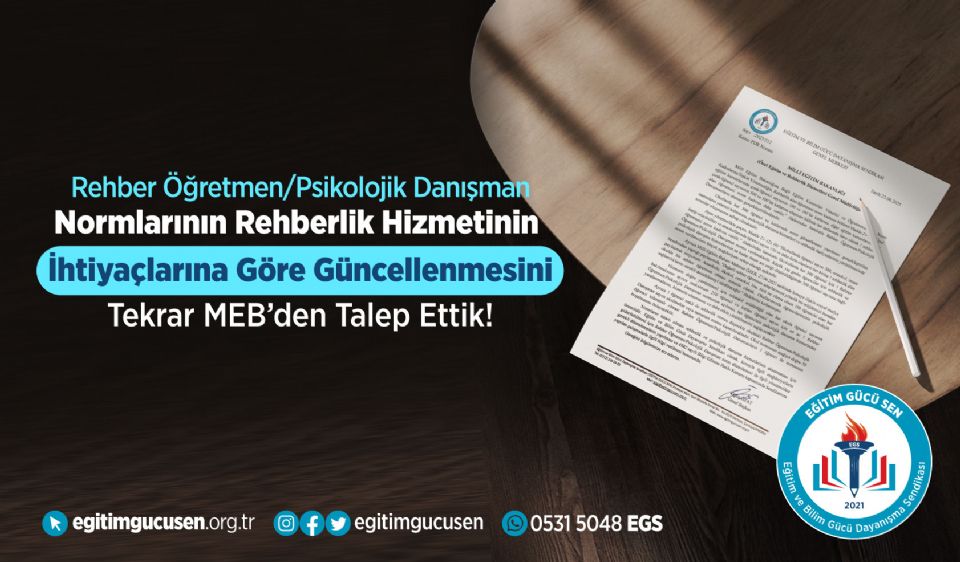 Rehber Öğretmen/Psikolojik Danışman Normlarının Rehberlik Hizmetinin İhtiyaçlarına Göre Güncellenmesini Tekrar Meb’den Talep Ettik! Rehber Öğretmen/Psikolojik Danışman Normlarının Rehberlik Hizmetinin İhtiyaçlarına Göre Güncellenmesini Tekrar Meb’den Talep Ettik!
