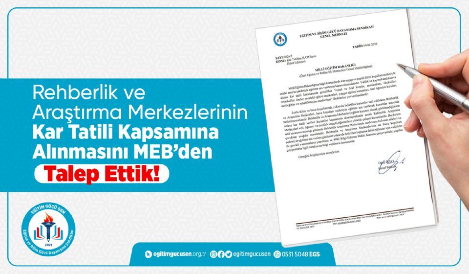 Rehberlik Ve Araştırma Merkezlerinin Kar Tatili Kapsamına Alınmasını Meb’den Talep Ettik!