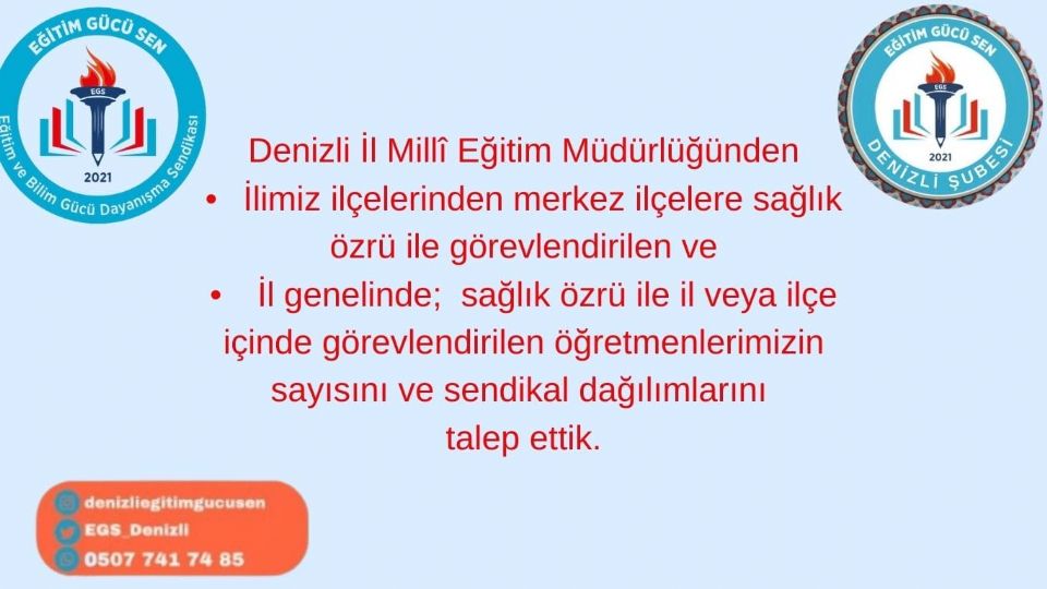 Sağlık Özrü İle Merkez İlçelere Ve İlçeler  İçinde Görevlendirilen  Öğretmen Sayısı Ve Sendikal Dağılımını Talep Ettik 