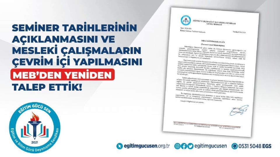 Seminer Tarihlerinin Açıklanmasını Ve Mesleki Çalışmaların Çevrim İçi Yapılmasını Meb’den Yeniden Talep Ettik! Seminer Tarihlerinin Açıklanmasını Ve Mesleki Çalışmaların Çevrim İçi Yapılmasını Meb’den Yeniden Talep Ettik!