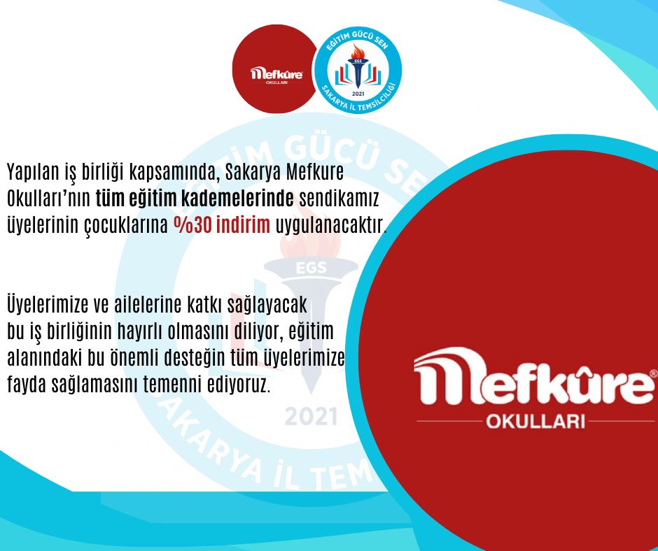 Sendikamız İle Sakarya Mefkure Okulları Arasında Üyelerimize Yönelik İndirim Anlaşması İmzalanmıştır. Sendikamız İle Sakarya Mefkure Okulları Arasında Üyelerimize Yönelik İndirim Anlaşması İmzalanmıştır.