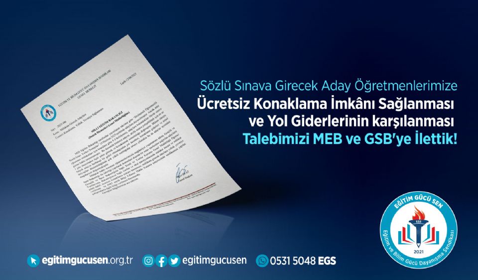 Sözlü Sınava Girecek Aday Öğretmenlerimize Ücretsiz Konaklama İmkanı Sağlanması Ve Yol Giderlerinin Karşılanması Talebimizi Meb Ve Gsb'ye İlettik!