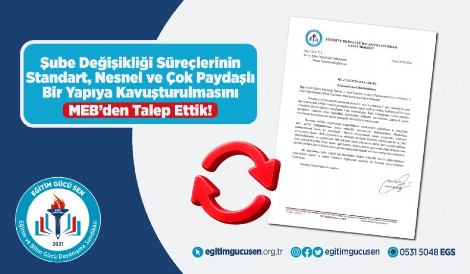Şube Değişikliği Süreçlerinin Standart, Nesnel ve Çok Paydaşlı Bir Yapıya Kavuşturulmasını MEB’den Talep Ettik! Şube Değişikliği Süreçlerinin Standart, Nesnel ve Çok Paydaşlı Bir Yapıya Kavuşturulmasını MEB’den Talep Ettik!