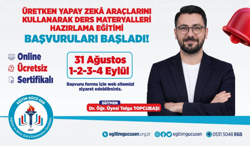 Üretken Yapay Zekâ Araçlarını Kullanarak Ders Materyalleri Hazırlama Eğitimi Başvuruları Başladı!