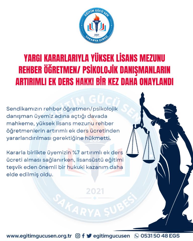 Yargı Kararlarıyla Yüksek Lisans Mezunu Rehber Öğretmen/ Psikolojik Danışmanların Artırımlı Ek Ders Hakkı Bir Kez Daha Onaylandı