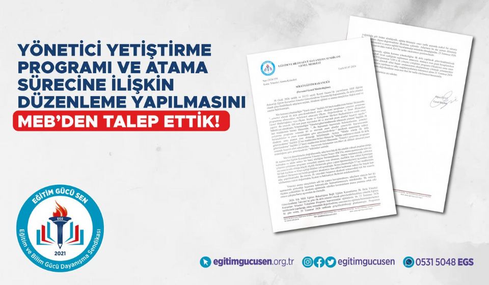 Yönetici Yetiştirme Programı ve Atama Sürecine İlişkin Düzenleme Yapılmasını MEB’den Talep Ettik!