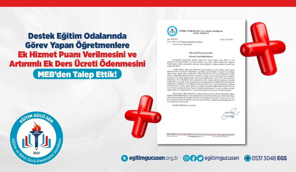 Destek Eğitim Odalarında Görev Yapan Öğretmenlere Ek Hizmet Puanı Verilmesini ve Artırımlı Ek Ders Ücreti Ödenmesini MEB’den Talep Ettik!