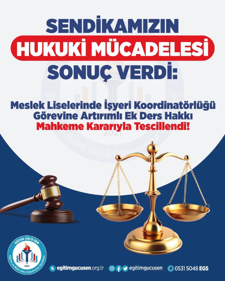 Eğitim Gücü Sen’in Açtığı Davalarda, Yüksek Lisans Mezunu Meslek Dersi Öğretmenlerinin Artırımlı Ek Ders Ücreti Hakkı Mahkeme Kararıyla Korundu.