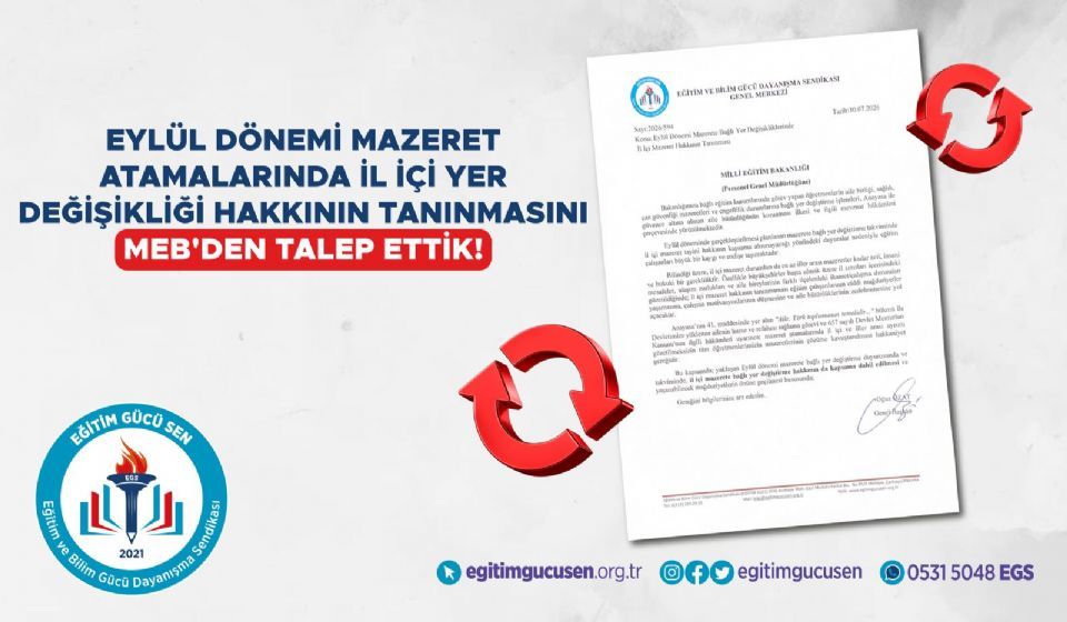 Eylül Dönemi Mazeret Atamalarında İl İçi Yer Değişikliği Hakkının Tanınmasını Meb'den Talep Ettik!