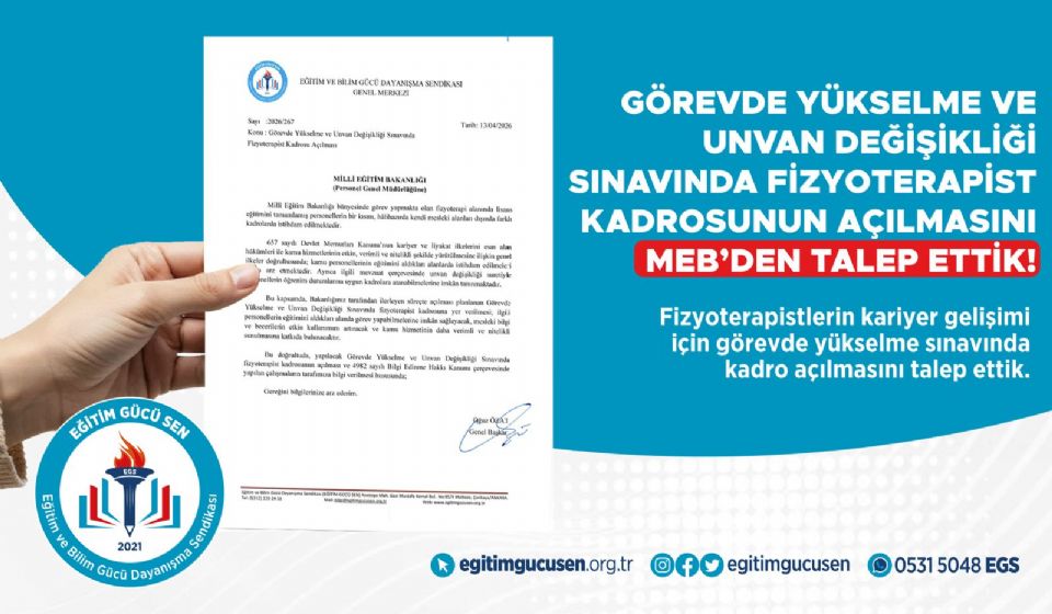Görevde Yükselme ve Unvan Değişikliği Sınavında Fizyoterapist Kadrosunun Açılmasını MEB’den Talep Ettik!