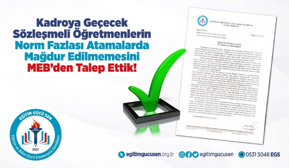 Kadroya Geçecek Sözleşmeli Öğretmenlerin Norm Fazlası Atamalarda Mağdur Edilmemesini Meb’den Talep Ettik!