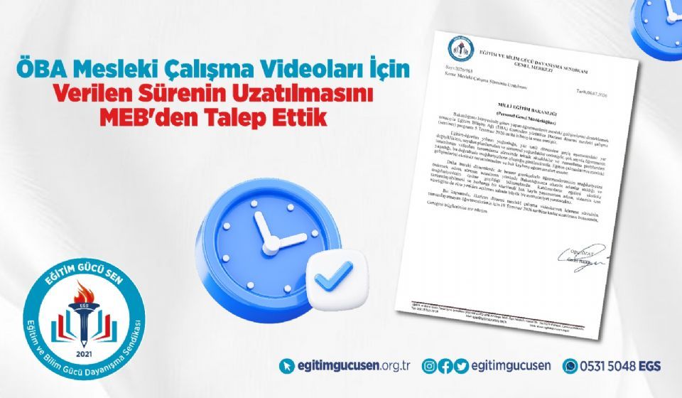 Öba Mesleki Çalışma Videoları İçin Verilen Sürenin Uzatılmasını Meb'den Talep Ettik!