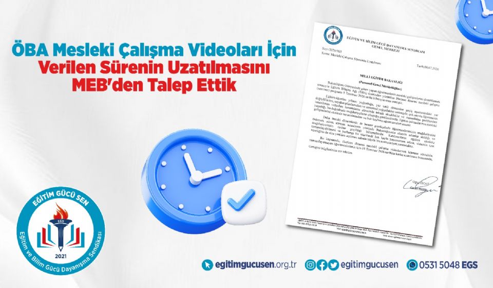 Öba Mesleki Çalışma Videoları İçin Verilen Sürenin Uzatılmasını MEB'den Talep Ettik!