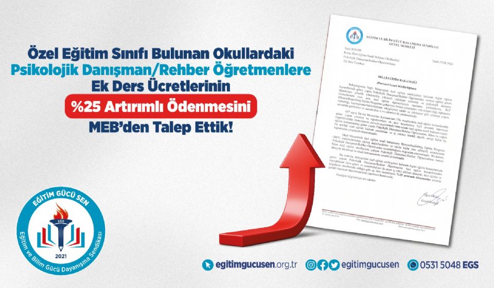 Özel Eğitim Sınıfı Bulunan Okullardaki Psikolojik Danışman/Rehber Öğretmenlere Ek Ders Ücretlerinin %25 Artırımlı Ödenmesini MEB’den Talep Ettik!