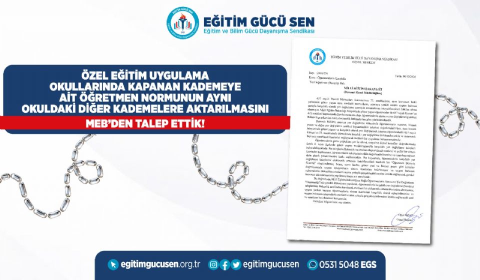 Özel Eğitim Uygulama Okullarında Kapanan Kademeye Ait Öğretmen Normunun Aynı Okuldaki Diğer Kademelere Aktarılmasını MEB’den Talep Ettik!