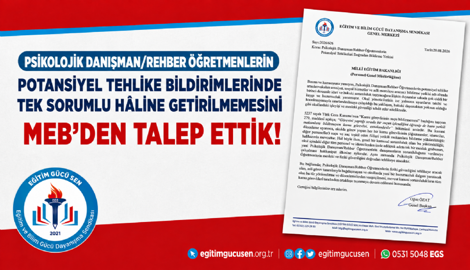Psikolojik Danışman/rehber Öğretmenlerin Potansiyel Tehlike Bildirimlerinde Tek Sorumlu Hâline Getirilmemesini Meb’den Talep Ettik!