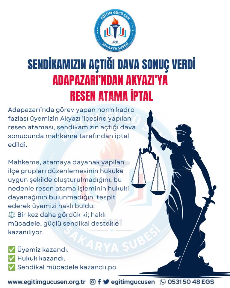 Sendikamızın Açtığı Dava Sonuç Verdi Adapazarı’ndan Akyazı’ya Resen Atama İptal
