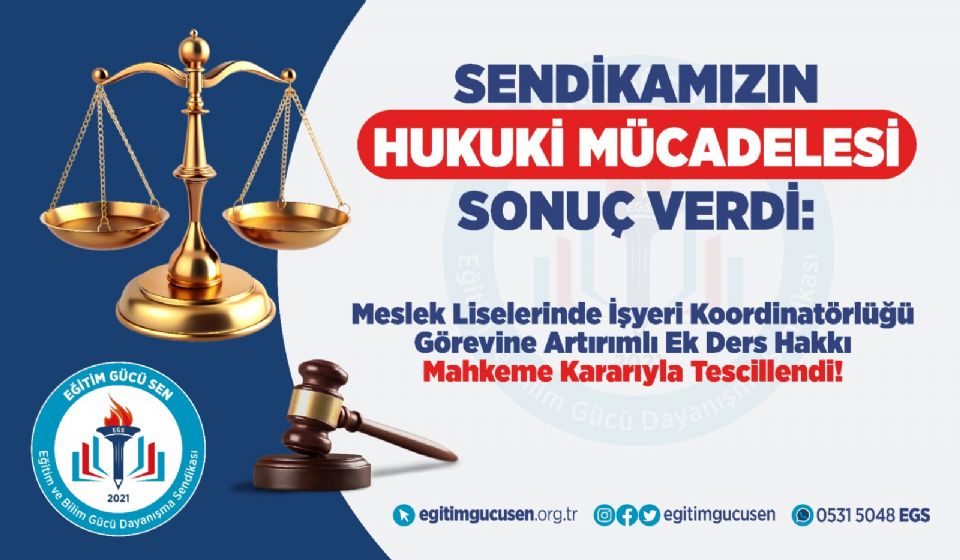 Sendikamızın Hukuki Mücadelesi Sonuç Verdi: Meslek Liselerinde İşyeri Koordinatörlüğü Görevine Artırımlı Ek Ders Hakkı Mahkeme Kararıyla Tescillendi!