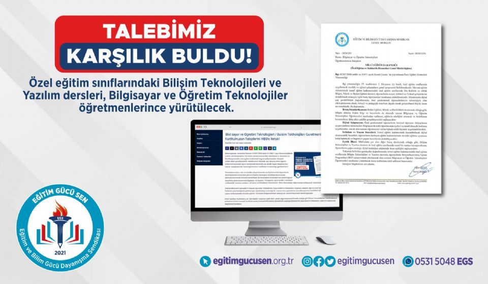 Talebimiz Karşılık Buldu; Özel Eğitim Sınıflarındaki Bilişim Teknolojileri Ve Yazılım Dersleri, Bilgisayar Ve Öğretim Teknolojileri Öğretmenlerince Yürütülecek.