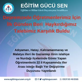 Depremzede Öğretmenler İçin İlk Günden Beri Haykırdığımız Talebimiz Karşılık Buldu