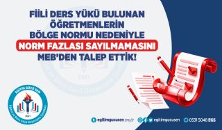 Fiili Ders Yükü Bulunan Öğretmenlerin Bölge Normu Nedeniyle Norm Fazlası Sayılmamasını MEB’den Talep Ettik!