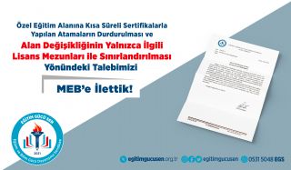 Özel Eğitim Alanına Kısa Süreli Sertifikalarla Yapılan Atamaların Durdurulması ve Alan Değişikliğinin Yalnızca İlgili Lisans Mezunlarıyla Sınırlandırılması Yönündeki Talebimizi MEB’e İlettik!