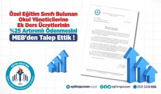 Özel Eğitim Sınıfı Bulunan Okul Yöneticilerine Ek Ders Ücretlerinin %25 Artırımlı Ödenmesini Meb’den Talep Ettik!