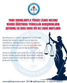 Yargı Kararlarıyla Yüksek Lisans Mezunu Rehber Öğretmen/ Psikolojik Danışmanların Artırımlı Ek Ders Hakkı Bir Kez Daha Onaylandı